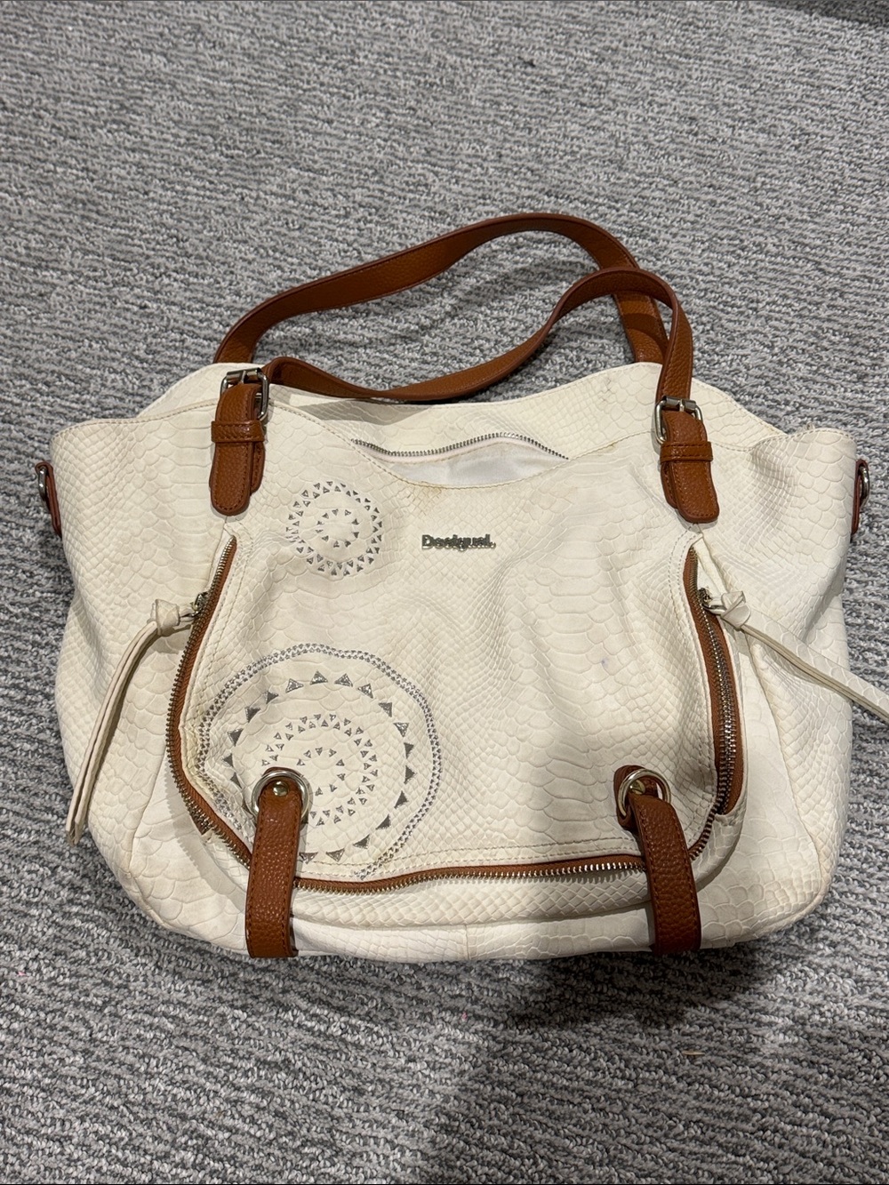 Desigual Cream Shoulder Bag with Brown Handles and Laser-Cut Motifs